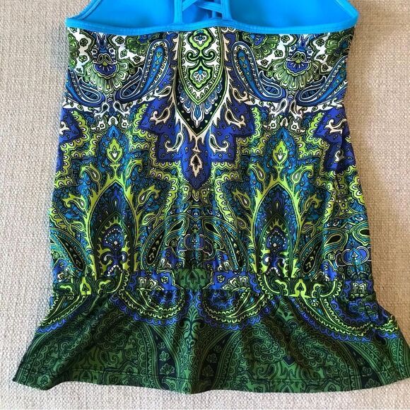 Athleta Blue Green Paisley Drawstring Racerback Swim Top - Picture 9 of 13